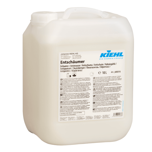 A 10-liter plastic container from Kiehl Entschäumer for foam reduction of the dirty fleet by Johannes Kiehl KG; the white label shows product information, safety symbols, and a blue Kiehl logo at the top right.