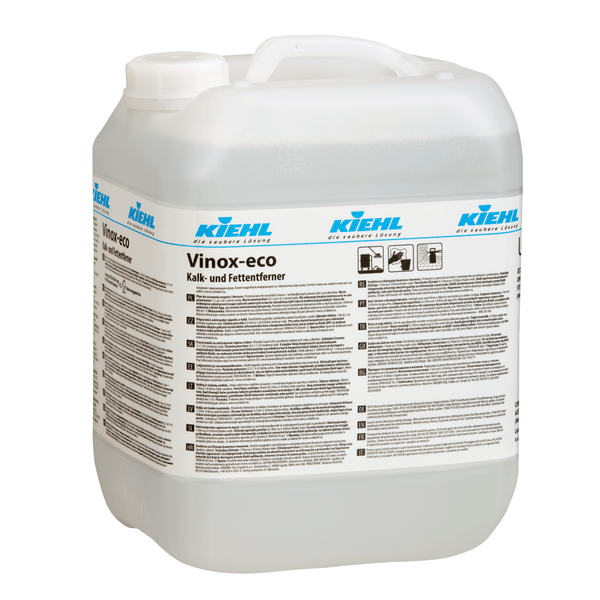 A large, clear plastic container with a white lid contains the Kiehl Vinox-eco lime and grease remover from Johannes Kiehl KG, an environmentally friendly cleaner. The multilingual label includes instructions and safety information.