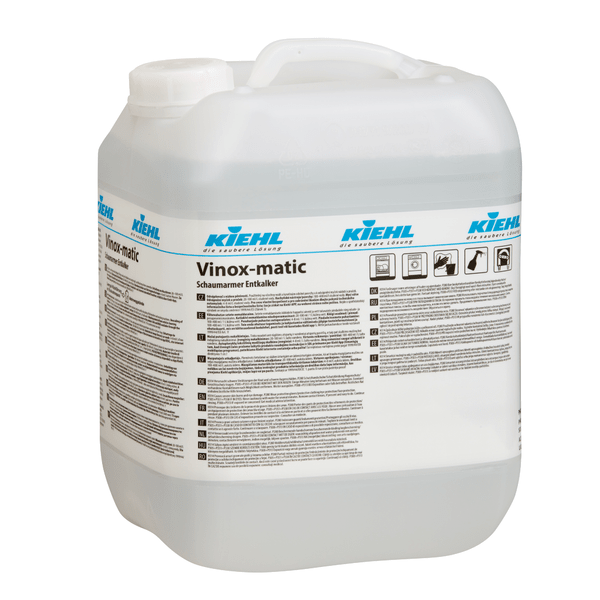 Large, transparent 10-liter canister "Kiehl Vinox-matic Low-Foam Descaler" from Johannes Kiehl KG with white screw cap and clear liquid. Comes with detailed instructions and safety warnings - a professional descaler for effective cleaning.