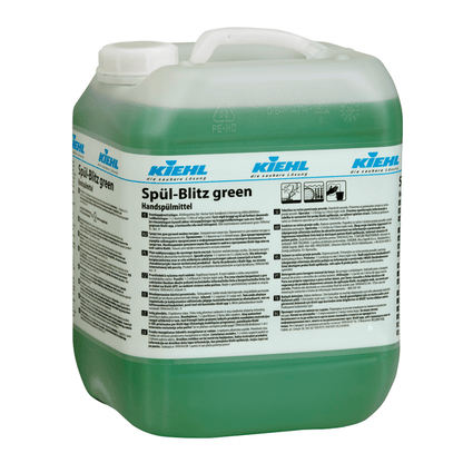 A large plastic bottle with Kiehl Spül-Blitz green hand dishwashing detergent from Johannes Kiehl KG, an environmentally friendly, biodegradable dishwashing detergent with a screw cap, handle, and detailed instructions on the label.