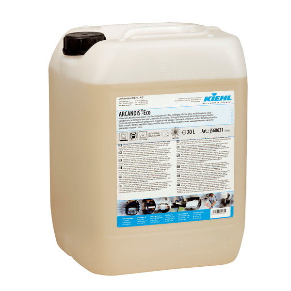A large transparent plastic container with a black lid, filled with liquid. The label reads "Kiehl ARCANDIS-Eco Gentle High-Performance Glass and Dishwashing Detergent" by Johannes Kiehl KG. Capacity: 20 liters.