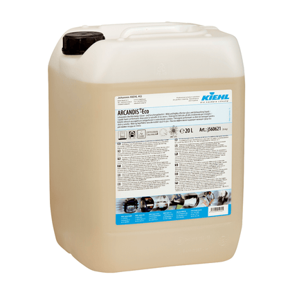 A large transparent plastic container with a black lid, filled with liquid. The label reads "Kiehl ARCANDIS-Eco Gentle High-Performance Glass and Dishwashing Detergent" by Johannes Kiehl KG. Capacity: 20 liters.