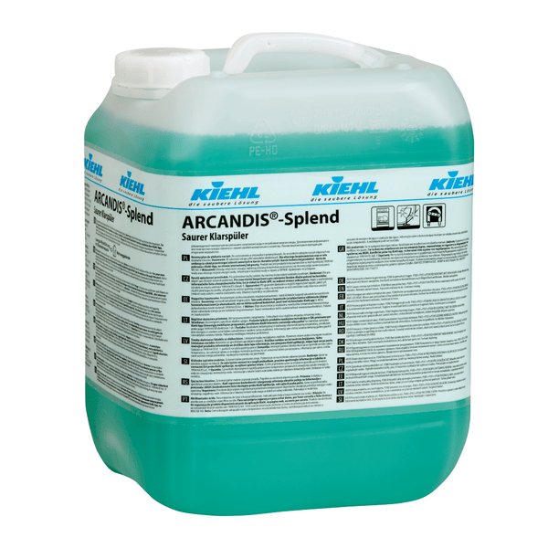 A large transparent plastic container with a white lid, filled with green liquid. The label reads "Kiehl ARCANDIS-Splend Acidic Rinse Aid" by Johannes Kiehl KG and provides instructions for removing lime deposits.