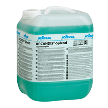 A large transparent plastic container with a white lid, filled with green liquid. The label reads "Kiehl ARCANDIS-Splend Acidic Rinse Aid" by Johannes Kiehl KG and provides instructions for removing lime deposits.