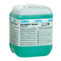 A large transparent plastic container with a white lid, filled with green liquid. The label reads "Kiehl ARCANDIS-Splend Acidic Rinse Aid" by Johannes Kiehl KG and provides instructions for removing lime deposits.