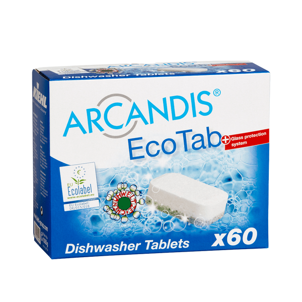 A blue-white box with the inscription "Kiehl ARCANDIS-EcoTab dishwashing tablets" from Johannes Kiehl KG, showing a tablet image, the EU Ecolabel logo, and the text for 60 phosphate-free tabs with glass protection; the package contains 5 cartons.