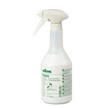 White 750 ml spray bottle Kiehl Presto furniture care by Johannes Kiehl KG with green lettering and instructions for cleaning and caring for wood and plastic surfaces, with white spray nozzle.