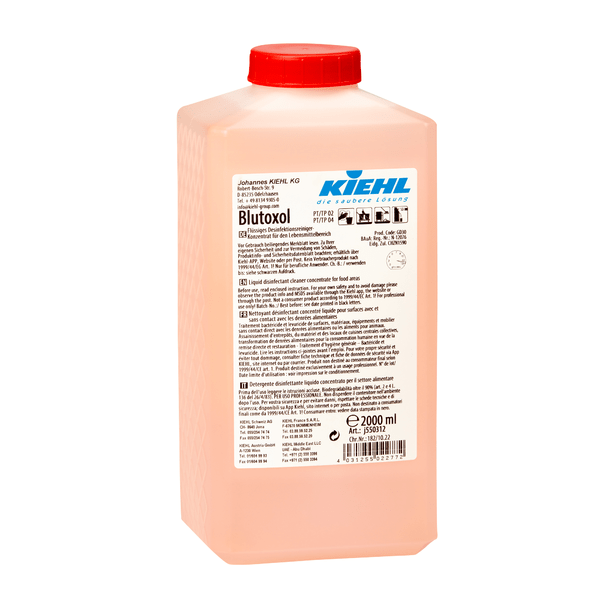 A rectangular 2-liter bottle from Johannes Kiehl KG Kiehl Blutoxol Liquid Disinfectant Cleaner Concentrate with a red screw cap and multilingual white label for the food sector. Removes bacteria, viruses, and fungi.