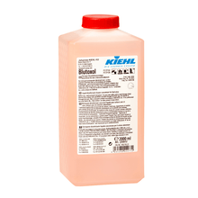 A rectangular 2-liter bottle from Johannes Kiehl KG Kiehl Blutoxol Liquid Disinfectant Cleaner Concentrate with a red screw cap and multilingual white label for the food sector. Removes bacteria, viruses, and fungi.