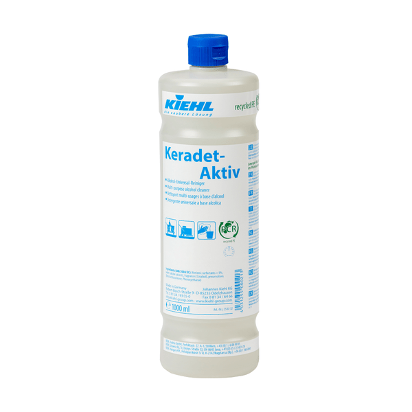 White plastic bottle of Johannes Kiehl KG Kiehl Keradet-Active Alcohol Universal Cleaner with blue cap and German label with application symbols and cleaning instructions - ideal for all surfaces.