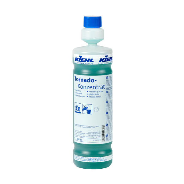 A 1-liter bottle of Kiehl Tornado Concentrate Power Cleaner from Johannes Kiehl KG with a blue cap and green liquid. The label contains product information, pictograms, and instructions in German. Available in cartons of 6 bottles.