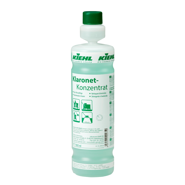 Kiehl Klaronet Concentrate Clear Cleaning Care by Johannes Kiehl KG in the white 1-liter plastic bottle with green cap and label with German instructions and application symbols. Ideal for cleaning shiny floors. Available in boxes of 6 bottles.
