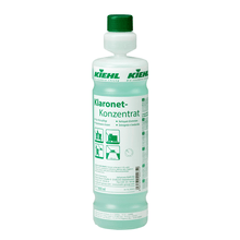 Kiehl Klaronet Concentrate Clear Cleaning Care by Johannes Kiehl KG in the white 1-liter plastic bottle with green cap and label with German instructions and application symbols. Ideal for cleaning shiny floors. Available in boxes of 6 bottles.