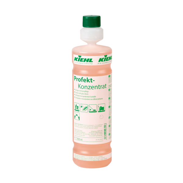 Johannes Kiehl KG Kiehl Profekt Concentrate Cleaner with gloss care in the 1-liter plastic bottle with green cap and label with application instructions and pictograms for surface and floor care. Available in cartons with 6 bottles.