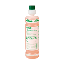 Johannes Kiehl KG Kiehl Profekt Concentrate Cleaner with gloss care in the 1-liter plastic bottle with green cap and label with application instructions and pictograms for surface and floor care. Available in cartons with 6 bottles.