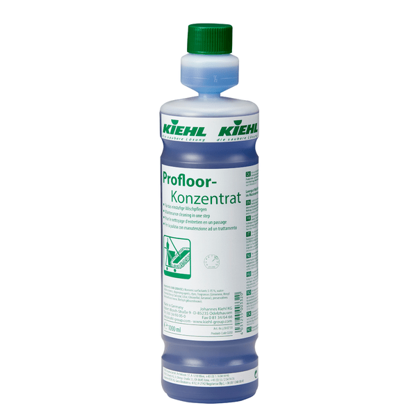 A bottle of Kiehl Profloor Concentrate For One-Step Mopping by Johannes Kiehl KG with a green cap and a white label with German instructions for effective floor cleaning.