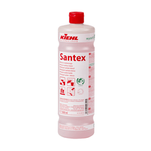 The 1,000 ml plastic bottle of Kiehl Santex Intensive Sanitary Cleaner by Johannes Kiehl KG has a red cap, a red label with application instructions, pictograms, and product information, as well as a green certification mark, and is an effective sanitary cleaner and descaler.