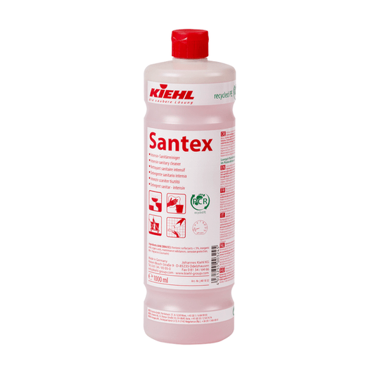 The 1,000 ml plastic bottle of Kiehl Santex Intensive Sanitary Cleaner by Johannes Kiehl KG has a red cap, a red label with application instructions, pictograms, and product information, as well as a green certification mark, and is an effective sanitary cleaner and descaler.