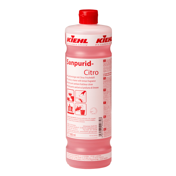 The 1-liter bottle of Kiehl Sanpurid-Citro sanitary cleaner with citrus fresh scent by Johannes Kiehl KG has a red cap, a white label with red lettering, pictograms for safe use, and a pink liquid with a refreshing citrus scent.