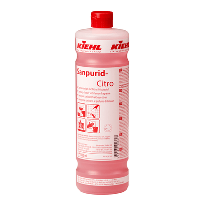 The 1-liter bottle of Kiehl Sanpurid-Citro sanitary cleaner with citrus fresh scent by Johannes Kiehl KG has a red cap, a white label with red lettering, pictograms for safe use, and a pink liquid with a refreshing citrus scent.