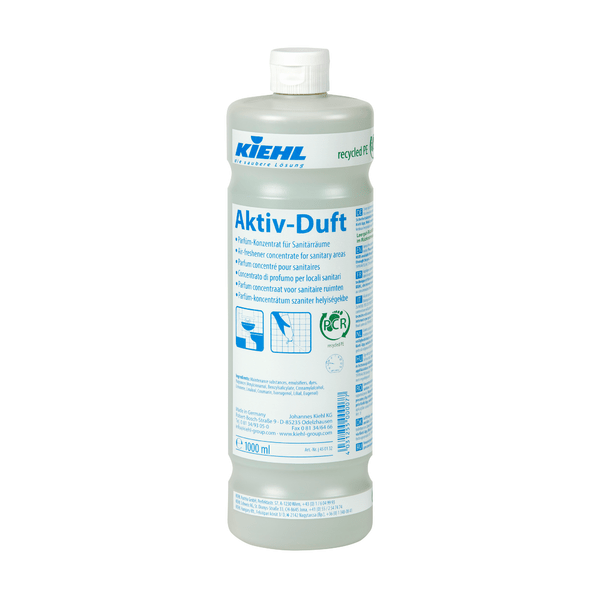 1-liter bottle Kiehl Aktiv-Duft perfume concentrate for sanitary rooms by Johannes Kiehl KG, with white cap and blue-white-green label. Delivery in a box of 6; instructions for use in multiple languages.