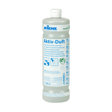 1-liter bottle Kiehl Aktiv-Duft perfume concentrate for sanitary rooms by Johannes Kiehl KG, with white cap and blue-white-green label. Delivery in a box of 6; instructions for use in multiple languages.