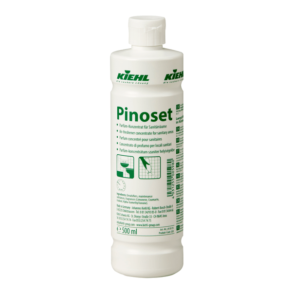 Johannes Kiehl KG Kiehl Pinoset perfume concentrate for sanitary rooms in the white 500 ml bottle with green label - ideal for sanitary rooms and effective odor neutralization. Available in a box with 12 bottles.