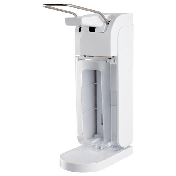 The Johannes Kiehl KG ManoDos-standard soap and disinfectant dispenser (500 ml/1 L) made of plastic with a long operating lever, transparent closure cover, and drip tray for KIEHL rectangular bottles is shown against a white background.