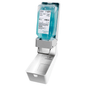 The Kiehl ManoDos-soft soap and cream dispenser by Johannes Kiehl KG for 1 L and 2 L soft bottles features a metal lever, a blue sanitizer bottle, an open front cover, and a white drip tray at the bottom.