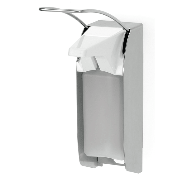 The Kiehl Ophardt ingo-man plus IMP TLS E/24 is a wall-mounted soap and disinfectant dispenser made of stainless steel with a long lever, for KIEHL Euro format rectangular bottles, translucent container, and digital stroke counter. Brand: Johannes Kiehl KG.