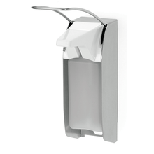 The Kiehl Ophardt ingo-man plus IMP TLS E/24 is a wall-mounted soap and disinfectant dispenser made of stainless steel with a long lever, for KIEHL Euro format rectangular bottles, translucent container, and digital stroke counter. Brand: Johannes Kiehl KG.