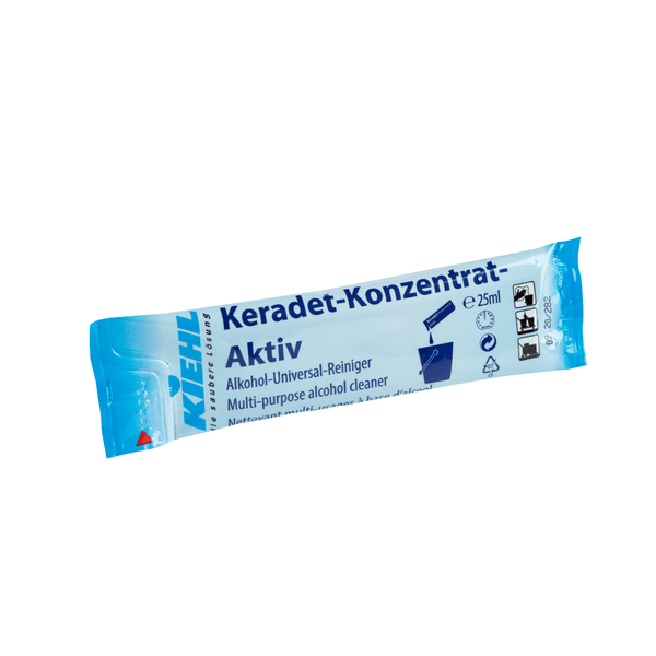 A blue and white pouch labeled "Kiehl Keradet-Concentrate-Active Alcohol-Universal Cleaner" by Johannes Kiehl KG contains 25 ml of cleaner for streak-free results, with pictograms for household use and safety instructions.