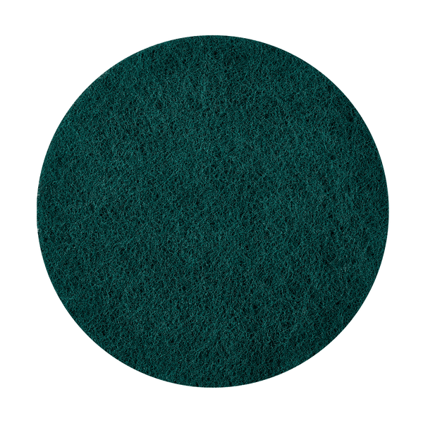 A Kiehl Woodmaster-Pad-Fine sanding pad grit 120 round from Johannes Kiehl KG, round and dark green with a textured surface and even edges, stands on a white background - ideal for precise woodworking.