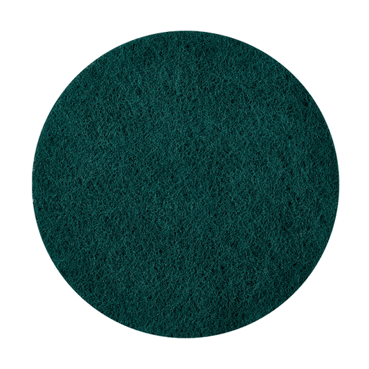 A Kiehl Woodmaster-Pad-Fine sanding pad grit 120 round from Johannes Kiehl KG, round and dark green with a textured surface and even edges, stands on a white background - ideal for precise woodworking.