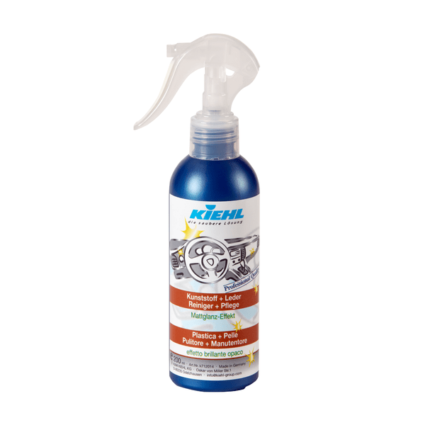 Plastic spray bottle from Johannes Kiehl KG's Kiehl Plastic+Leather / Cleaner+Care for cleaning and caring for car interiors and leather, with a clear trigger nozzle and blue-white label with car interior graphic.