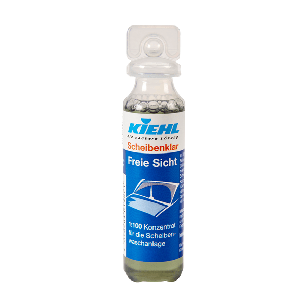 A 1-liter bottle of Johannes Kiehl KG windshield clear antifreeze up to -30°C concentrate for the windshield washer system in winter, with a blue label, white cap, and an image of a car window. Sold in boxes with 6 bottles. Text in German.