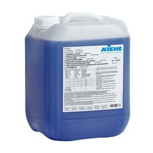 A 10-liter canister made of semi-transparent plastic with a white screw cap, filled with blue liquid. The label reads "Kiehl Scheibenklar Frostschutz Superkonzentrat bis -55°C" by Johannes Kiehl KG, along with product information and instructions.