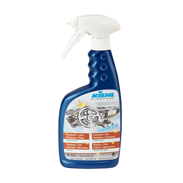 A 500 ml blue spray bottle from Johannes Kiehl KG Plastic+Leather / Cleaner+Care with a white trigger, labeled for cleaning and caring for plastic and leather surfaces, ideal for surface cleaning and leather care.