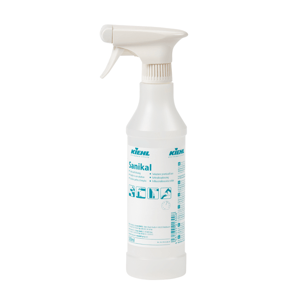 The Johannes Kiehl KG Sanikal 500 ml funnel bottle (white, blue text/icons) comes in a pack of 6 with 6 aerosol-free trigger sprayers and 6 spray caps. Ideal for cleaning and disinfection. Detailed information on the label.
