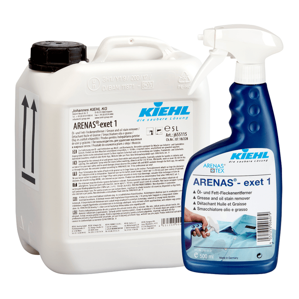 A white 5-liter plastic container and a blue 500 ml spray bottle of Kiehl ARENAS-exet 1 Oil and Grease Stain Remover by Johannes Kiehl KG, both with visible labels, offer a powerful cleaner for stubborn oil and grease stains.
