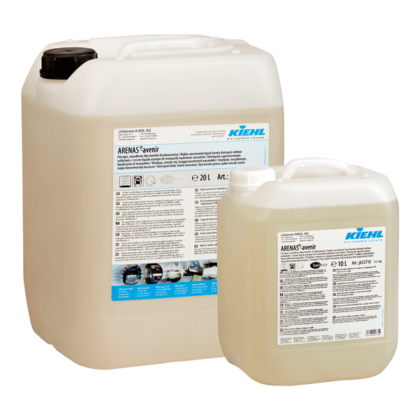 Two transparent plastic containers with black lids contain Johannes Kiehl KG Kiehl ARENAS-avenir liquid surfactant-free detergent. One holds 20 liters, the other 10 liters; both carry detailed product labels.