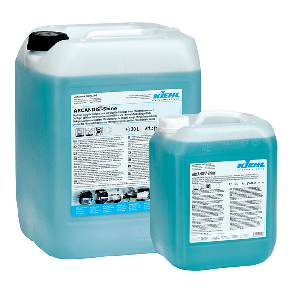 Two containers (20 L and 10 L) of blue Kiehl ARCANDIS-Shine Neutral Rinse Aid from Johannes Kiehl KG, labeled for "streak-free shine" in dishwashers.