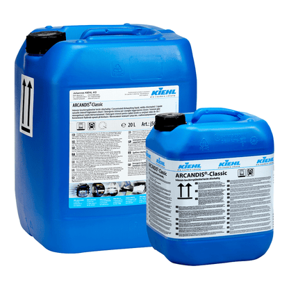 Two blue plastic containers - one large and one small - of ARCANDIS-Classic Intensive Dishwashing Detergent from Johannes Kiehl KG, slightly chlorinated; both with black lids and detailed white labels. Perfect for professional dishwashing systems.