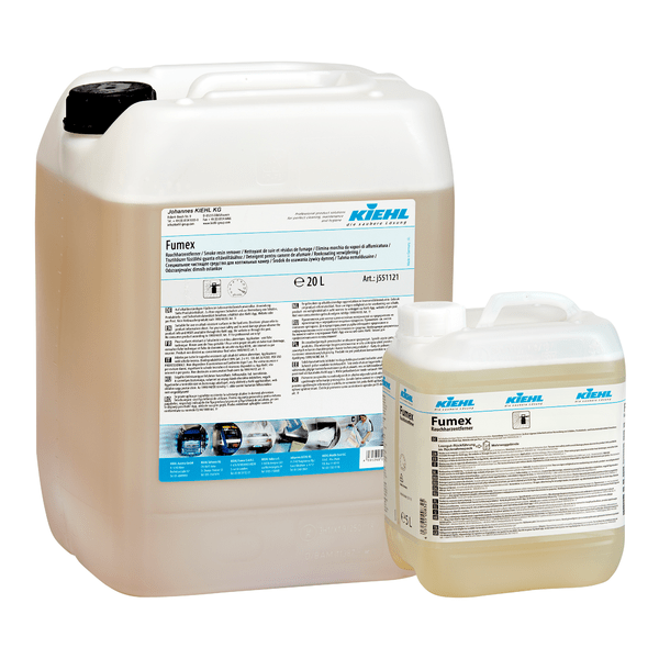 Two translucent plastic containers with white lids from Johannes Kiehl KG bear the label "Kiehl Fumex Smoke Resin Remover." The containers hold 20 liters and 5 liters and are provided with product details and instructions for use in smoking zones.