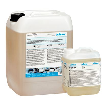 Two translucent plastic containers with white lids from Johannes Kiehl KG bear the label "Kiehl Fumex Smoke Resin Remover." The containers hold 20 liters and 5 liters and are provided with product details and instructions for use in smoking zones.