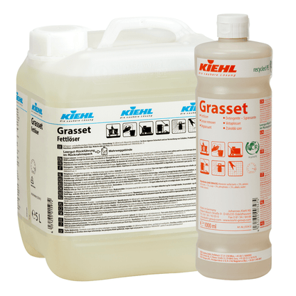 Pictured are two containers of Kiehl Grasset Grease Remover by Johannes Kiehl KG: a large transparent 10-liter canister and a smaller 1-liter bottle with a red cap, both labeled as powerful kitchen degreasers.