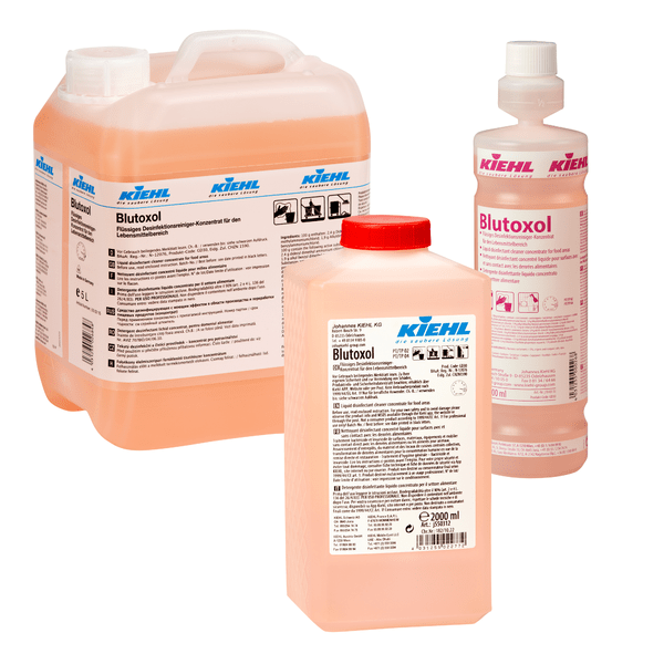 Pictured are three bottles of Kiehl Blutoxol Liquid Disinfectant Cleaner Concentrate for the food sector of Johannes Kiehl KG in various sizes. The orange-pink liquid is excellent for removing bacteria, viruses, and fungi.