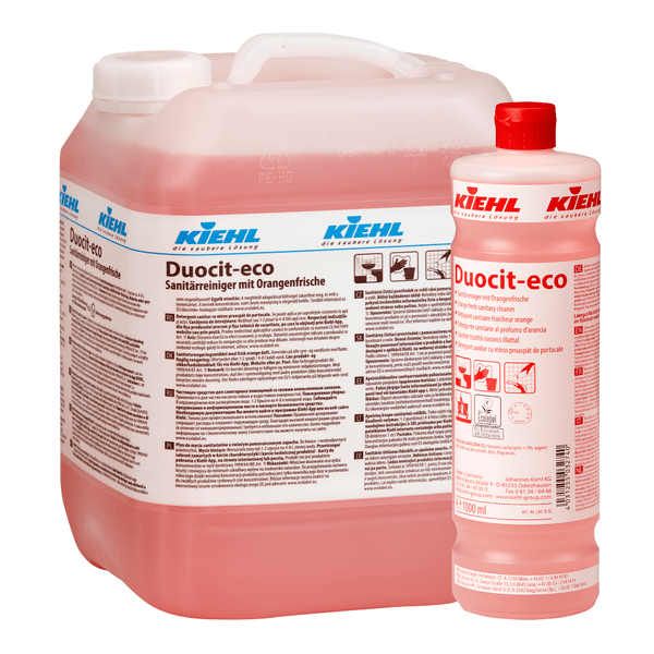 Two containers of Johannes Kiehl KG Kiehl Duocit-eco sanitary cleaner with orange freshness, one large and one small, are filled with red liquid and have white labels and red caps - ideal for eco-friendly cleaning.