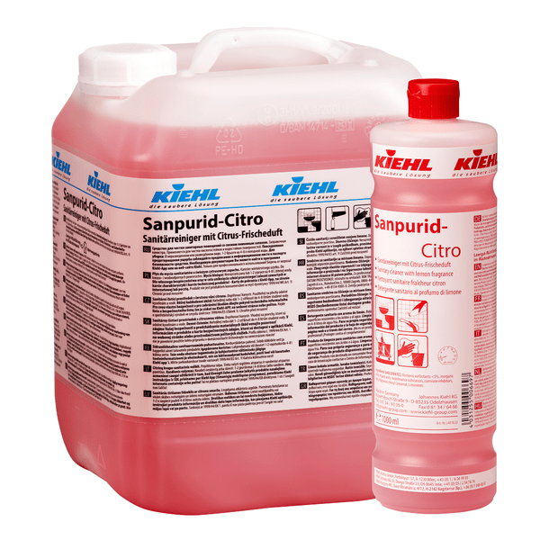 A 10-liter canister and a 1-liter bottle of Johannes Kiehl KG Kiehl Sanpurid-Citro sanitary cleaner with citrus fresh scent, both filled with pink liquid and labeled in German, ensure effective hygiene.