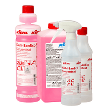Pictured are six empty 500 ml Kiehl-SanEco funnel bottles from Johannes Kiehl KG, each optionally with a foam sprayer or spray closure. The bottles are equipped with labels for the instructions for use.